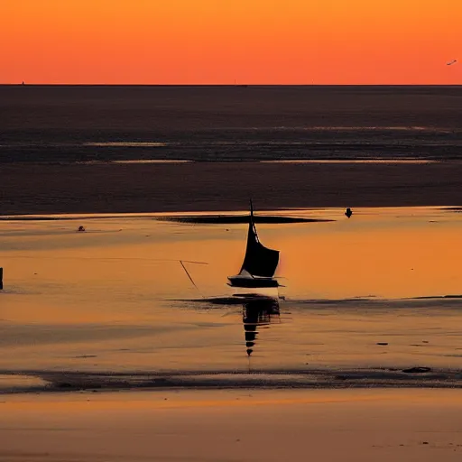 Image similar to sailboat stuck on sandbar at low tide, sunset, ewoks helping to push it free