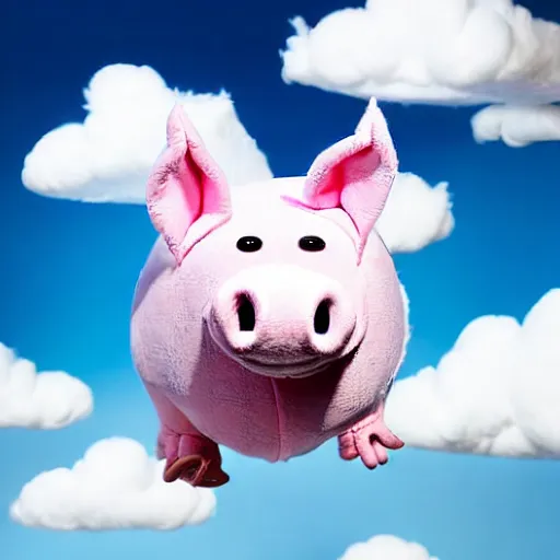 Image similar to studio photograph of a flying pig with unicorn horn depicted as a muppet in a blue sky with cotton ball clouds