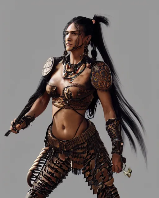 Image similar to Strong native American female beauty with long straight black hair in a ponytail and muscular figure, wearing roman black leather armor with detailed bronze ornaments, she is a fighter holding two sabers in a vivid jungle in natural light, low angle, mist, micro details, octane render, in the style of Anders Zorn and Jaime Jones, trending on artstation, concept art for movies