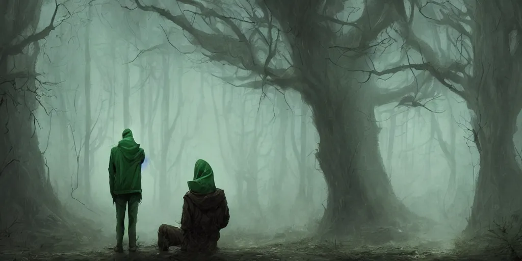 Image similar to guy wearing dark green hoodie, sitting at bus stop, environment, dark tv show style,, movie still, spooky, epic scene, cinematic, art by peter mohrbacher and zdzisław beksinski, 4 k, realistic