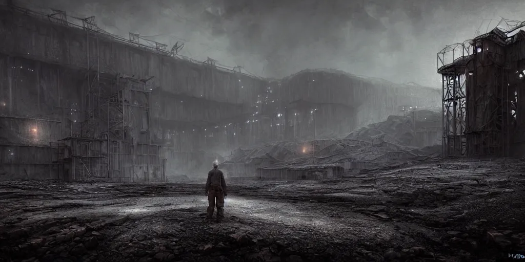 Image similar to an eerie deserted coal mine, sad, loneliness, digital art, landscape, fantasy art, octane render, ureal engine, high detail, very realistic, by greg rutkowski. by james gurney