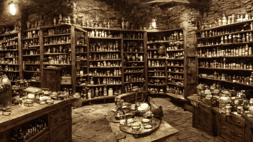 Image similar to 12th century apothecary shop, film still from the game skyrim, wide lens