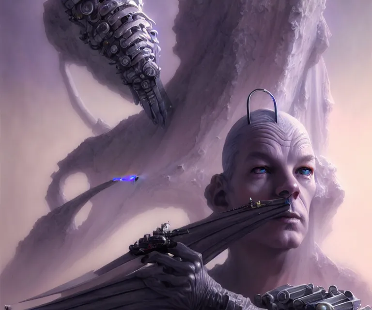 Prompt: beautiful fantasy character portrait, gandalf the grey, seductive reclining pose, futuristic chrome drones, ultra realistic, dramatic lighting, robots, the fifth element artifacts, highly detailed by peter mohrbacher, hajime sorayama, wayne barlowe, boris vallejo, aaron horkey, gaston bussiere, craig mullins