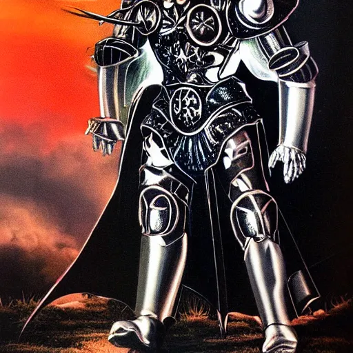 Image similar to high fantasy 1 9 8 0's wargame airbrushed artwork, a giant silver reflective chrome android wearing a mask shaped like an intricately carved beautiful human skull with a giant red pentagram on top and shiny glowing red demonic eyes, shiny black latex armor, inside a futuristic army base