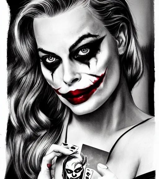 Prompt: tattoo design sketch of beautiful margot robbie with joker makeup and holding an ace card, in the style of den yakovlev, realistic face, black and white, realism tattoo, hyper realistic, highly detailed