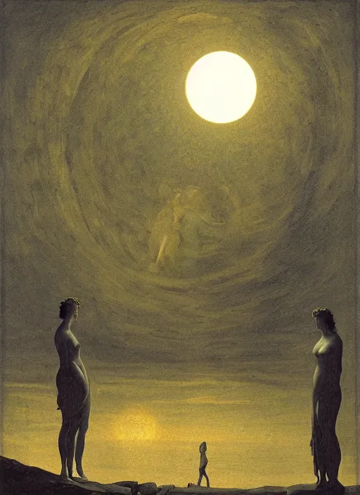 Image similar to three backlit silhouettes of ancient greek venus observing an eclipse at dusk, painted by caspar david friedrich