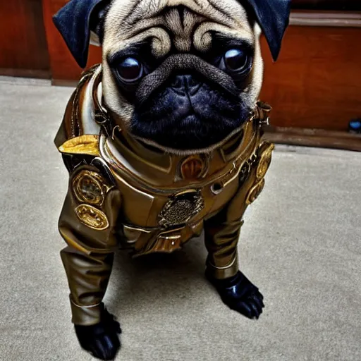 Image similar to photo of a pug dressed in steampunk gear.