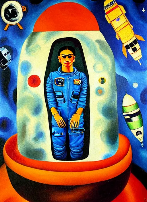 Image similar to a painting of an astronaut in a soyuz capsule by frida kahlo