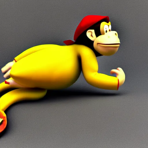 Image similar to Donkey Kong stepping on a banana. The banana is on the ground, Donkey Kong is above the banana. 3D render