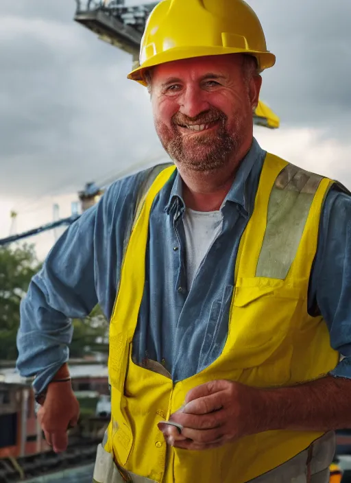 Prompt: portrait of cheerful bryan craston as a crane operator, yellow hardhat, natural light, bloom, detailed face, magazine, press, photo, steve mccurry, david lazar, canon, nikon, focus