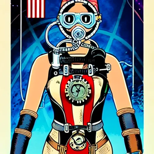 Image similar to a tarot card of a female diver with a oxygen mask intricate clockwork detailed mask with front profile by MARVEL comics and Sandra Chevrier