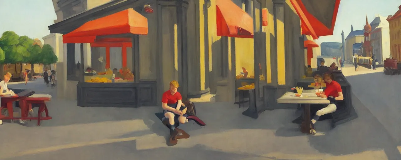 Image similar to an edward hopper - style painting of a hungarian young generation z person sitting on a table bench eating a meal outside at mcdonald's in gyor on saturday mid - summer of 2 0 2 2