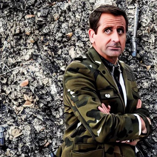 Image similar to steve carrel wearing military outfit and camouflage cinematic photoshoot high quality highly affordable photo realistic 8 k hd