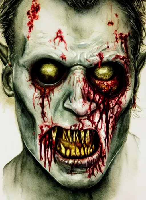 Image similar to zombie hollywood professional acting headshot, hyperrealism, intricate detailed, studio lighting, charming expression gesicht, watercolor art, drawn and painted, colored layers, dulled contrast, exquisite fine art