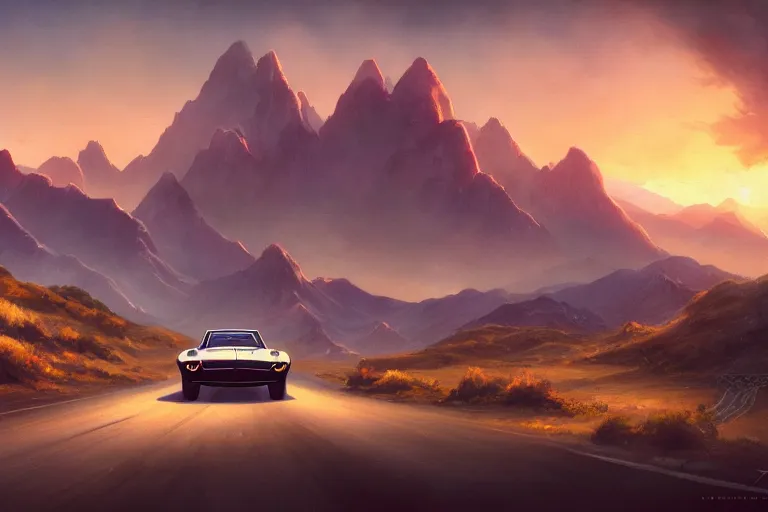 Prompt: a 1 9 6 8 mustang driving down a long country road, coriolios rpg art style, full of details, warm sunset colors, matte painting, artstation, 8 k, hyperrealistic, style of peter mohrbacher, album cover, extreme long shot, mountains, panoramic, wide shot