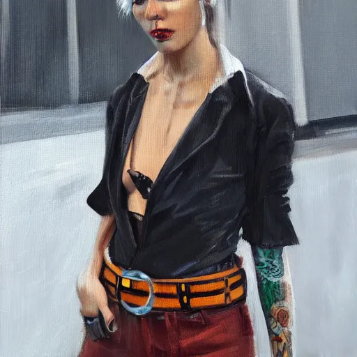 Image similar to oil painting of punk woman wearing large belt collar around neck, standing in city area, 4 k, artstation