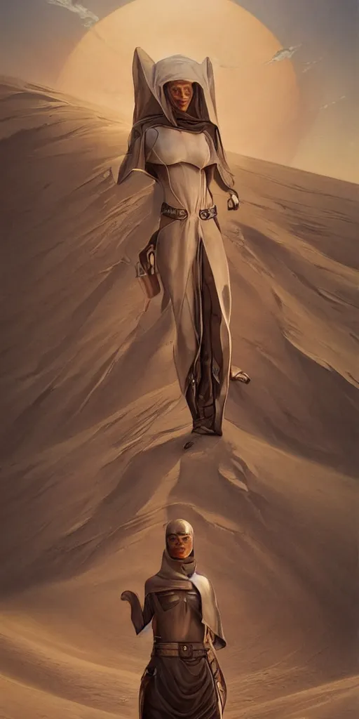 Image similar to a stunning hyperrealistic character from the movie Dune walking through an arid minimalistic desert with harsh noon sunlight with an oasis in the background, award-winning, masterpiece, in the style of Tom Bagshaw, Cedric Peyravernay, Peter Mohrbacher