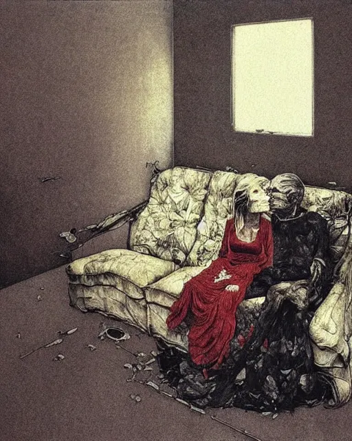 Image similar to an old dead couple sitting on an old couch in an old apartment watching the televison on fire,  Francisco Goya painting, part by Beksiński and EdvardMunch. art by Takato Yamamoto and Peter Mohrbacher, Francis Bacon masterpiece