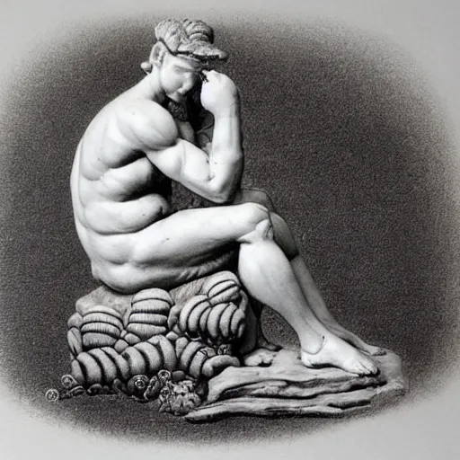 Image similar to botanical sketch, The thinker sculpture, in the style of William Bartram with mushrooms and peyote at the base, high detail, b&w,