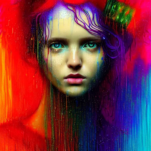 Image similar to portrait of girl in uniquely colored psychedelic rain with wet hair and face, fantasy, intricate, elegant, dramatic lighting, epiphany, highly detailed, lifelike, photorealistic, digital painting, artstation, concept art, smooth, sharp focus, illustration, art by John Collier and Albert Aublet and Krenz Cushart and Artem Demura and Alphonse Mucha