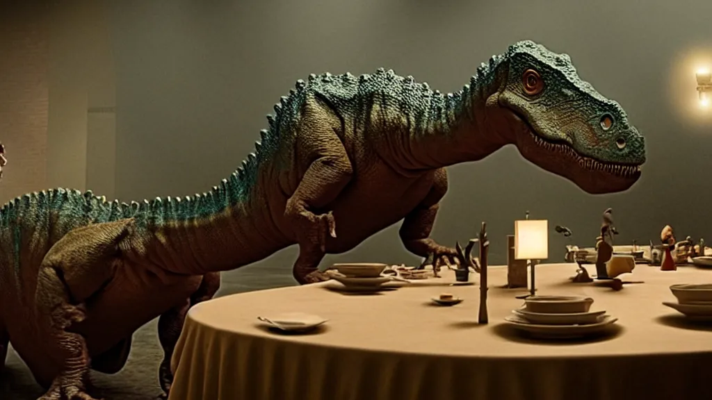 Image similar to the strange dinosaur sits at a table, film still from the movie directed by Denis Villeneuve with art direction by Salvador Dalí, long lens