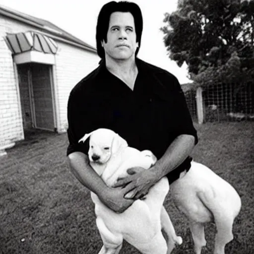 Prompt: glenn danzig stealing puppies from a backyard,