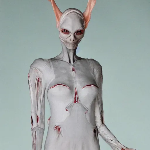Image similar to an alien wearing a white belle rina frock
