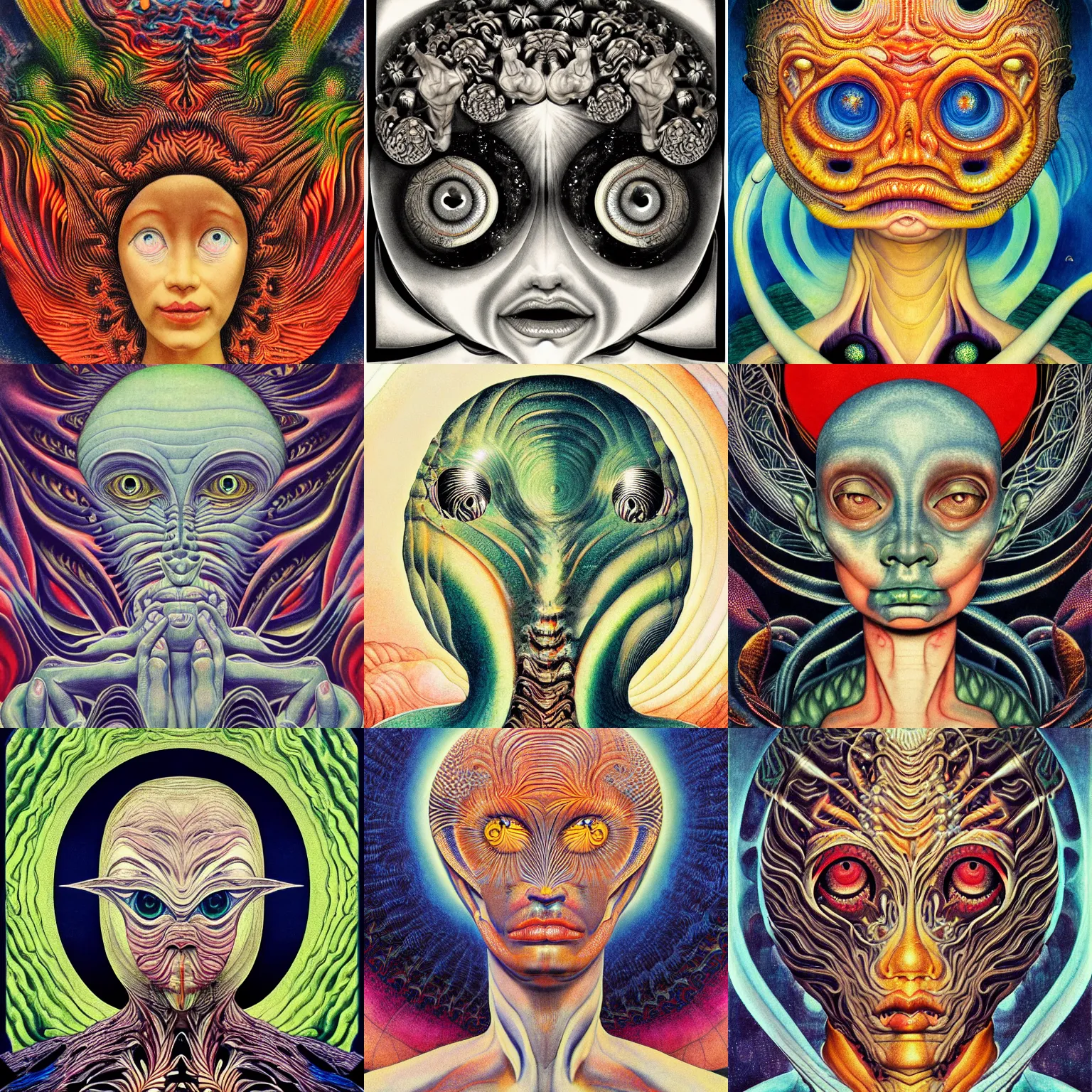 Prompt: a detailed portrait of a fashionable extraterrestrial beautiful face large fractal eyes alien features wearing hawaiian clothing tropical volcano background by william blake and escher, norman rockwell, subtle giger, crisp, sharp focus, centered, cinematic, muted color scheme, award - winning art