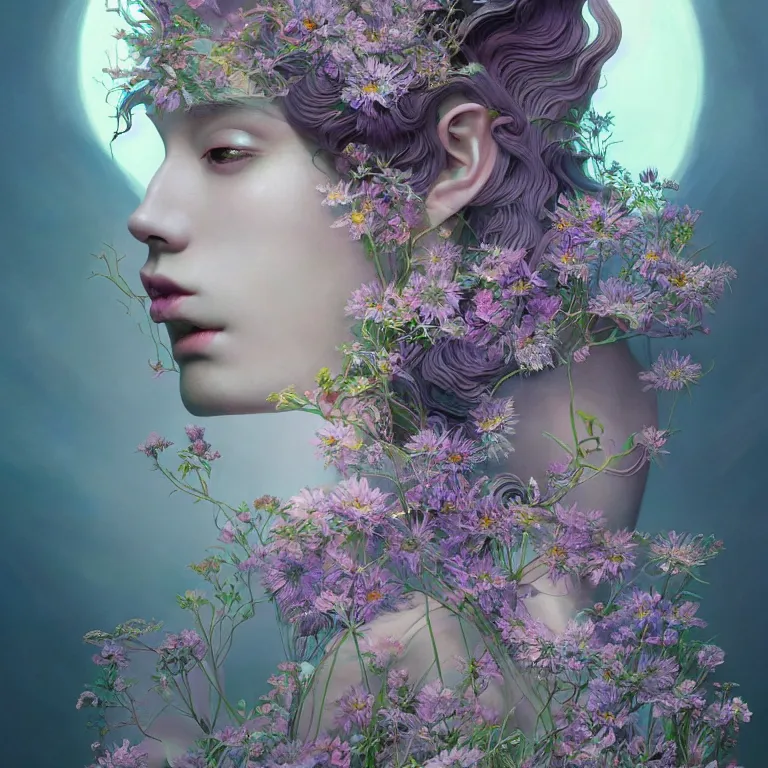Image similar to breathtaking detailed concept art painting art deco portrait of gaea the goddess amalgamation flowers made of crystals, by hsiao - ron cheng, bizarre compositions, exquisite detail, extremely moody lighting, 8 k