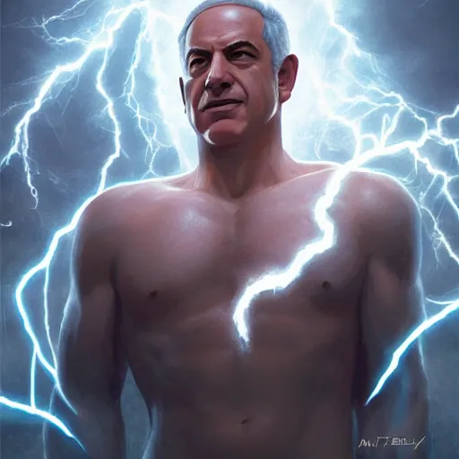 Image similar to benjamin netanyahu as the greek god of lightning, lightning bolts, highly detailed, ultra clear, by artgerm and greg rutkowski