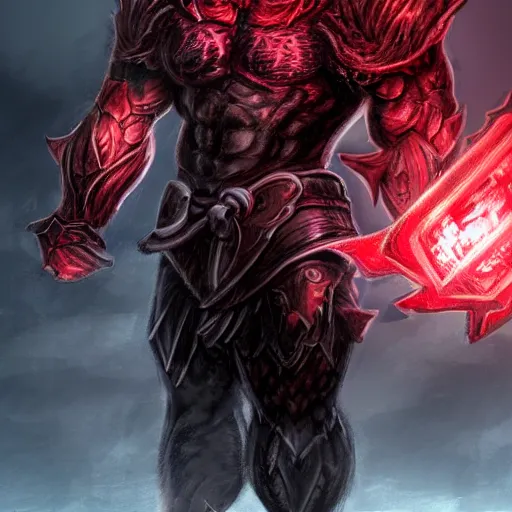 Image similar to a highly detailed character portrait of a muscular man wearing a epic shadow armor with glowing red eyes