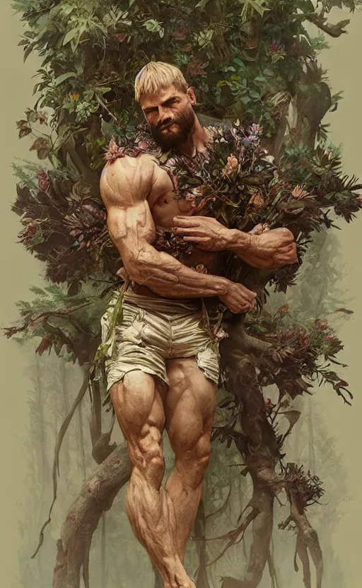 Image similar to god of the forest, 3 0 years old, rugged, male, gorgeous, detailed face, amazing, thighs!!!!!!, flowers, muscular, intricate, highly detailed, digital painting, artstation, concept art, sharp focus, illustration, art by greg rutkowski and alphonse mucha