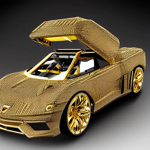 Image similar to lamborgini toy made of golden jewelery, diamonds, photorealism,