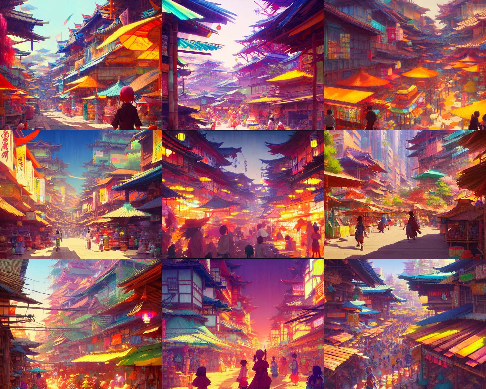 Prompt: colorful marketplace in a great, colorful kitsune city, bamboo, anime, a fantasy digital painting by Greg Rutkowski and James Gurney, trending on Artstation, highly detailed