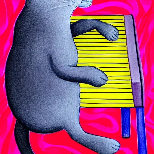Image similar to anthropomorphic grey british shorthair cat sitting upright playing piano keyboard with abstract musical note background detailed colorful colored pencil drawing in the style of claudia sanchez 4 k