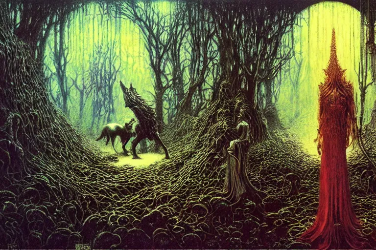 Image similar to knight, wolves in enchanted lovecraftian garden by jean delville, luis royo, beksinski, grimshaw