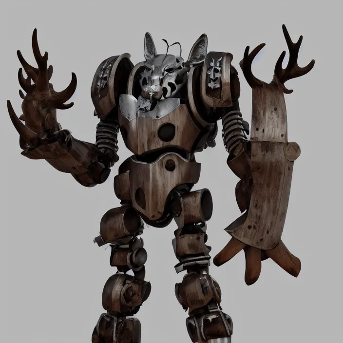 Image similar to warforged druid male anime character, wolf armor, wolf pack, a pack of wolves, wooden antlers, made of wood, made of metal, large robot, wolves, knight, medieval castle, wolf pack following, 3 d render beeple, realistic detailed octane render, pop up parade figure