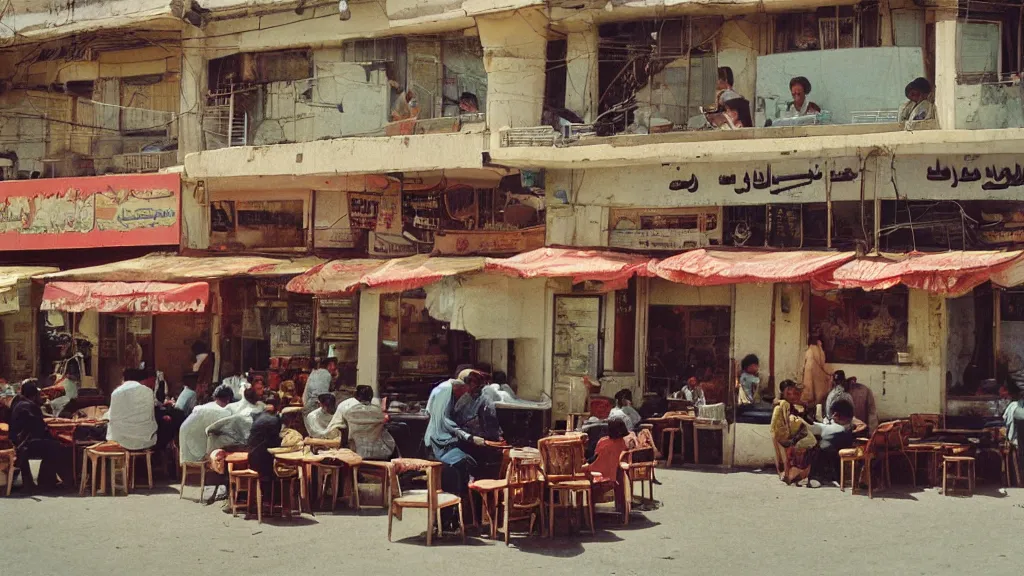 Prompt: colour photograph of a cafe in central baghdad in the 1 9 6 0 s + fujifilm