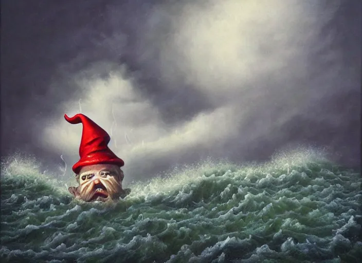 Image similar to a terrified garden gnome sailing in a bucket, background of raging ocean on a stormy day with dramatic clouds, an ultrafine detailed painting by mark ryden, trending on deviantart, pop surrealism, whimsical, lowbrow, rainy, perfect symmetrical face