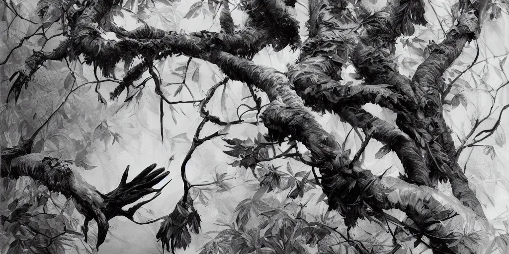 Prompt: highly detailed beautiful black and white oil painting of birds and hands, gesture, branches and foliage, dynamic lighting, harmony, beauty, masterpiece, durero, riccardo federici, james jean, craig mullins, alphonse musha, illustration, ink draw, spatula, splash