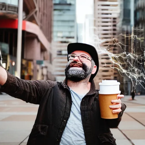 Prompt: middle - aged bearded man in downtown seattle looking up at the sky and holding two large coffee mugs up in front of him and yelling with electricity shooting out of his eyes and laughing madly while a stream of coffee pours from the sky into the mugs, splashing coffee everywhere, highly detailed photorealistic