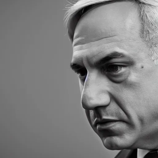 Prompt: supermodel benjamin netanyahu, model photography, dynamic lighting, highly detailed, sharp focus, grayscale, professional