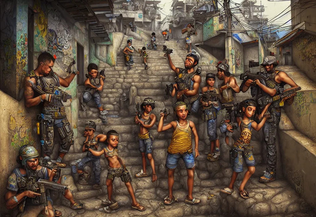 Prompt: photorealistic favela rio with precise rendered guns with intricate details of gun and kids in by Justin Gerard