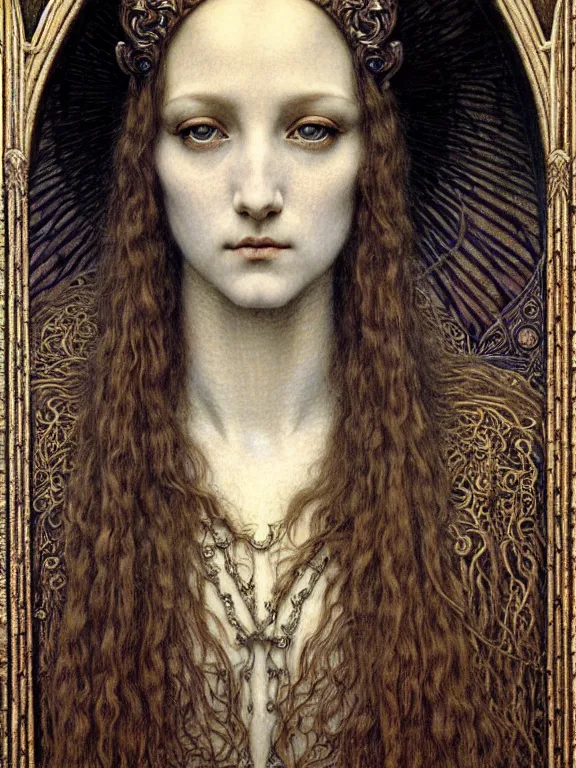 Image similar to detailed realistic beautiful young medieval queen face portrait by jean delville, gustave dore and marco mazzoni, art nouveau, symbolist, visionary, gothic, pre - raphaelite. horizontal symmetry