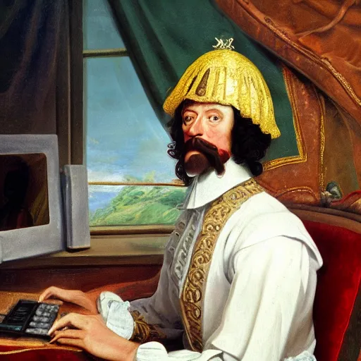 Prompt: russian tsar Peter The Great in tricorn hat and camisole, clean-shaven 18th century installs operating system on desktop computer oil painting, detailed, artfully traced, 4k resolution, cinematic, dramatic