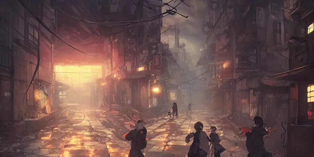 Image similar to A daemon bursts through the floor of an urban japanese street, there is an apocalyptic electrical storm in the sky, Greg Rutkowski and Studio Ghibli