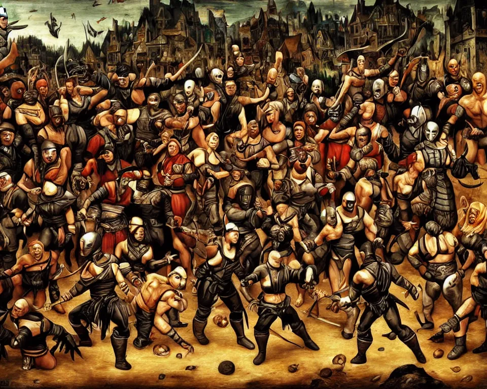 Prompt: mortal kombat characters art by hieronymus bosh, triumph of death by pieter brueghel