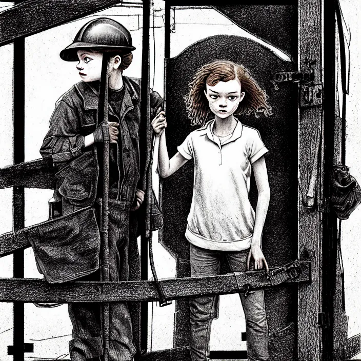 Prompt: [ sadie sink in dirty workmen clothes ] [ waves goodbye ] to workmen. near a gate. background : factory, dirty, polluted. technique : black and white pencil and ink. by gabriel hardman, joe alves, chris bonura. cinematic atmosphere, detailed and intricate, perfect anatomy