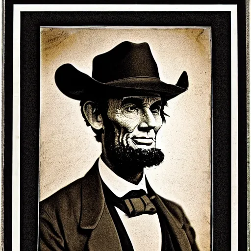 Prompt: Abraham Lincoln wearing a cowboy hat, portrait, full body, symmetrical features, silver iodide, 1880 photograph, sepia tone, aged paper, Sergio Leone, Master Prime lenses, cinematic-n 9