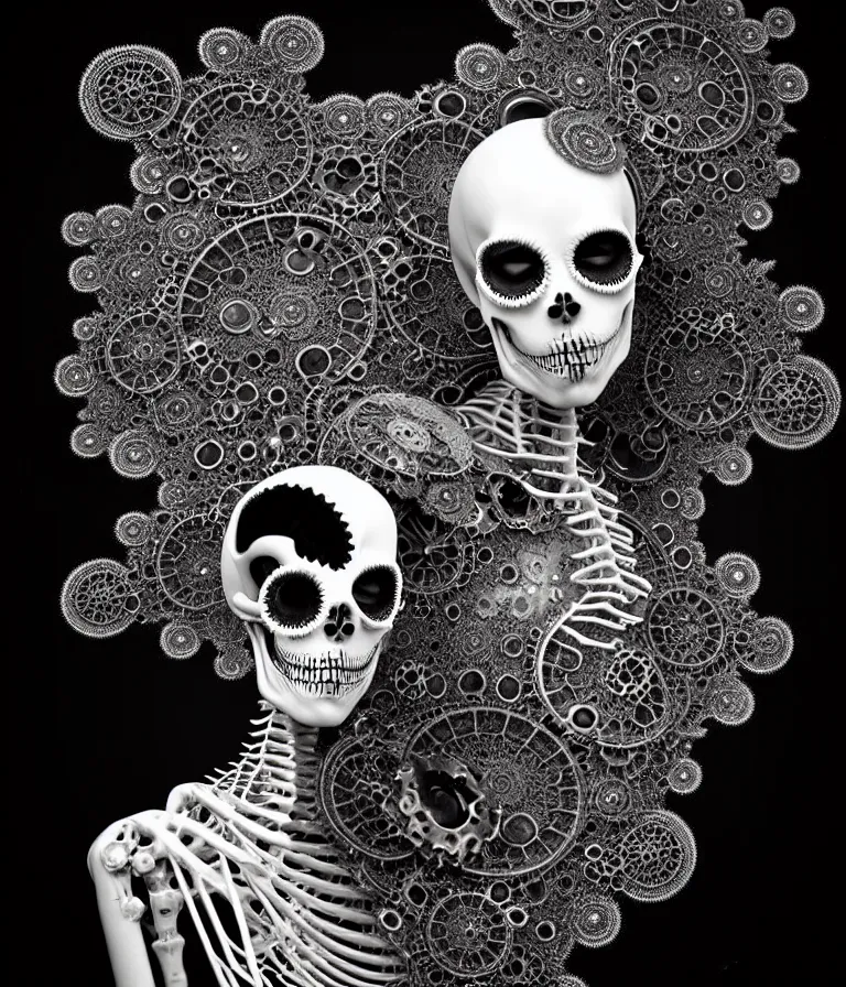 Image similar to surreal black and white photo portrait of complex bio-mechanical beautiful young female undead skeletal cyborg with a Mandelbrot fractal steampunk metal fine lace face, retrofuturistic depressing hopeless horrific vibe, radiating dark energy aura, curled silver hair and a fine metal floral foliage super big lace collar by Alexander McQueen:: high fashion, haute couture, rococo, steampunk, silver filigree details, anatomical, facial muscles, cable wires, microchip, elegant, hyper realistic, 150 mm lens, soft rim light, octane render, unreal engine, volumetric lighting, 8k,